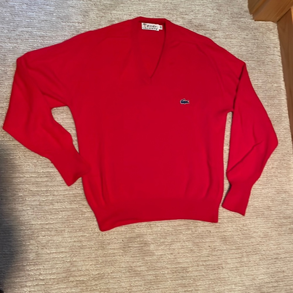 Vintage 70s 80s IZOD Lacoste Mens V Neck Grandpa Sweater Red Size M
